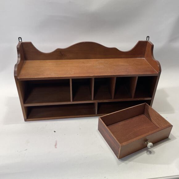 Vintage Farmhouse Wall Display Shelf Curio w/Drawer Shaker Style Small 19” Wood - Picture 2 of 11